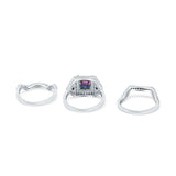 Three Piece Ring Band Flower Art Deco Princess Cut Wedding Bridal Ring Round Black Simulated Cubic Zirconia 925 Sterling Silver