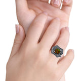 Three Piece Ring Band Flower Art Deco Princess Cut Wedding Bridal Ring Round Black Simulated Cubic Zirconia 925 Sterling Silver