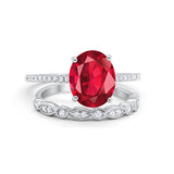 Two Piece Oval Wedding Simulated CZ Bridal Set Ring Band 925 Sterling Silver
