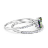 Art Deco Two Piece Wedding Ring Bridal Radiant Simulated CZ 925 Sterling Silver