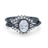Art Deco Three Piece Bridal Set Oval Round Cubic Zirconia Wedding Band Engagement Ring 925 Sterling Silver Size 4 to 12