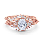 Art Deco Three Piece Bridal Set Oval Round Cubic Zirconia Wedding Band Engagement Ring 925 Sterling Silver Size 4 to 12
