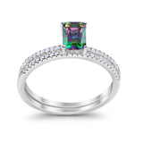 Art Deco Two Piece Wedding Ring Bridal Radiant Simulated CZ 925 Sterling Silver