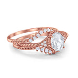 Art Deco Three Piece Bridal Set Oval Round Cubic Zirconia Wedding Band Engagement Ring 925 Sterling Silver Size 4 to 12