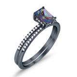 Art Deco Two Piece Wedding Ring Bridal Radiant Simulated CZ 925 Sterling Silver
