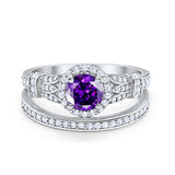 Two Piece Art Deco Wedding Ring Bridal Set Band Round Simulated Cubic Zirconia 925 Sterling Silver