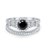 Two Piece Art Deco Wedding Ring Bridal Set Band Round Simulated Cubic Zirconia 925 Sterling Silver