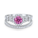 Two Piece Art Deco Wedding Ring Bridal Set Band Round Simulated Cubic Zirconia 925 Sterling Silver