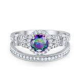 Two Piece Art Deco Wedding Ring Bridal Set Band Round Simulated Cubic Zirconia 925 Sterling Silver