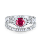 Two Piece Art Deco Wedding Ring Bridal Set Band Round Simulated Cubic Zirconia 925 Sterling Silver