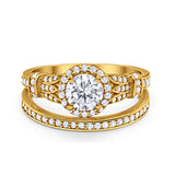 Two Piece Art Deco Wedding Ring Bridal Set Band Round Simulated Cubic Zirconia 925 Sterling Silver