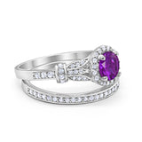 Two Piece Art Deco Wedding Ring Bridal Set Band Round Simulated Cubic Zirconia 925 Sterling Silver