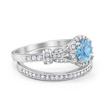 Two Piece Art Deco Wedding Ring Bridal Set Band Round Simulated Cubic Zirconia 925 Sterling Silver
