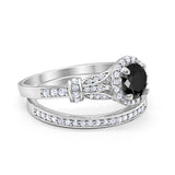 Two Piece Art Deco Wedding Ring Bridal Set Band Round Simulated Cubic Zirconia 925 Sterling Silver