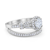 Two Piece Art Deco Wedding Ring Bridal Set Band Round Simulated Cubic Zirconia 925 Sterling Silver