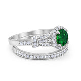 Two Piece Art Deco Wedding Ring Bridal Set Band Round Simulated Cubic Zirconia 925 Sterling Silver