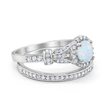 Two Piece Art Deco Wedding Ring Bridal Set Band Round Simulated Cubic Zirconia 925 Sterling Silver