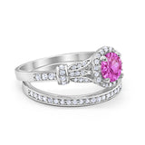 Two Piece Art Deco Wedding Ring Bridal Set Band Round Simulated Cubic Zirconia 925 Sterling Silver