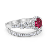 Two Piece Art Deco Wedding Ring Bridal Set Band Round Simulated Cubic Zirconia 925 Sterling Silver