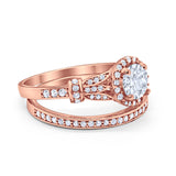 Two Piece Art Deco Wedding Ring Bridal Set Band Round Simulated Cubic Zirconia 925 Sterling Silver