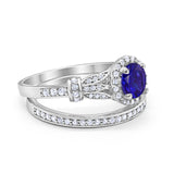 Two Piece Art Deco Wedding Ring Bridal Set Band Round Simulated Cubic Zirconia 925 Sterling Silver