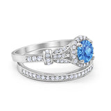 Two Piece Art Deco Wedding Ring Bridal Set Band Round Simulated Cubic Zirconia 925 Sterling Silver