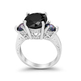 Three Stone Ring Round Simulated Rainbow Cubic Zirconia 925 Sterling Silver