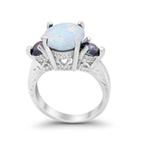 Three Stone Ring Round Simulated Rainbow Cubic Zirconia 925 Sterling Silver