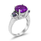 Three Stone Ring Round Simulated Rainbow Cubic Zirconia 925 Sterling Silver