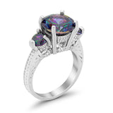 Three Stone Ring Round Simulated Rainbow Cubic Zirconia 925 Sterling Silver