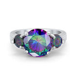 Three Stone Ring Round Simulated Rainbow Cubic Zirconia 925 Sterling Silver