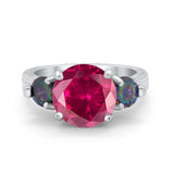 Three Stone Ring Round Simulated Rainbow Cubic Zirconia 925 Sterling Silver