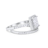 Halo Radiant Cut Wedding Engagement Ring Band Two Piece Bridal Set Cubic Zirconia 925 Sterling Silver