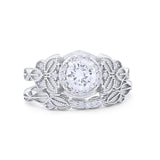Art Deco Vintage Style Bridal Set Ring Band Round Cubic Zirconia 925 Sterling Silver