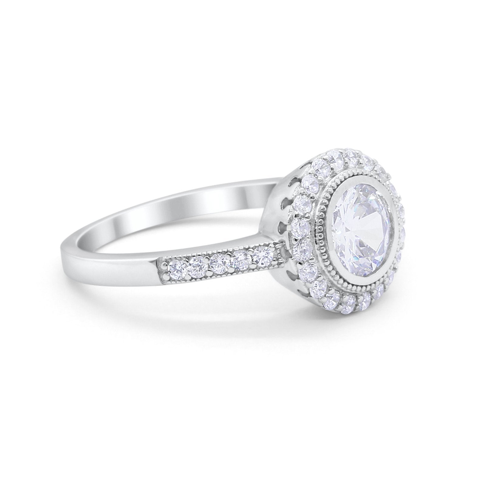 Art Deco Wedding Engagement Ring Round Bezel Cubic Zirconia 925 Sterling Silver