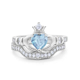Two Piece Claddagh Bridal Set Ring Band Heart Round Cubic Zirconia 925 Sterling Silver