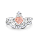 Two Piece Claddagh Bridal Set Ring Band Heart Round Cubic Zirconia 925 Sterling Silver