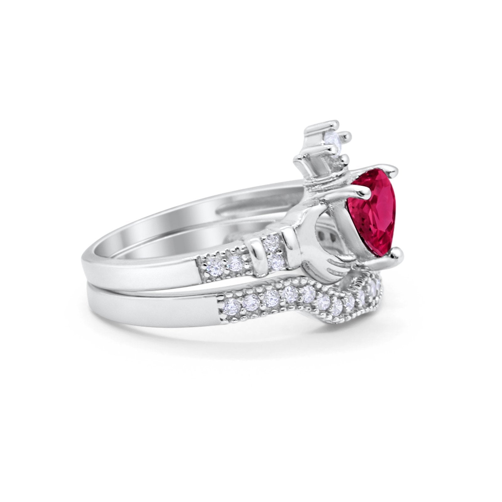 Two Piece Claddagh Bridal Set Ring Band Heart Round Cubic Zirconia 925 Sterling Silver