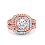 Double Halo Art Deco Split Shank Wedding Engagement Ring Round Cubic Zirconia 925 Sterling Silver