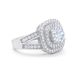 Double Halo Art Deco Split Shank Wedding Engagement Ring Round Cubic Zirconia 925 Sterling Silver