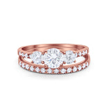 Three Stone Two Piece Wedding Engagement Bridal Set Ring Round Cubic Ziroconia 925 Sterling Silver