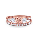 Three Stone Two Piece Wedding Engagement Bridal Set Ring Round Cubic Ziroconia 925 Sterling Silver