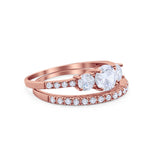 Three Stone Two Piece Wedding Engagement Bridal Set Ring Round Cubic Ziroconia 925 Sterling Silver