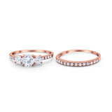 Three Stone Two Piece Wedding Engagement Bridal Set Ring Round Cubic Ziroconia 925 Sterling Silver