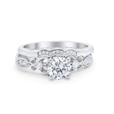 Art Deco Filigree Wedding Engagement Ring Bridal Set Band Round Cubic Zirconia 925 Sterling Silver