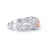 Halo Art Deco Filigree Wedding Engagement Ring Round Cubic Zirconia 925 Sterling Silver