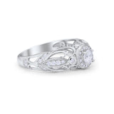 Halo Art Deco Filigree Wedding Engagement Ring Round Cubic Zirconia 925 Sterling Silver