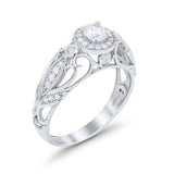 Halo Art Deco Filigree Wedding Engagement Ring Round Cubic Zirconia 925 Sterling Silver