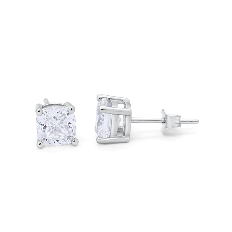 Solitaire Cushion Cut Cubic Zirconia Stud Earrings 925 Sterling Silver