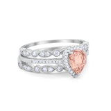 Art Deco Teardrop Pear Wedding Three Piece Simulated Cubic Zirconia 925 Sterling Silver